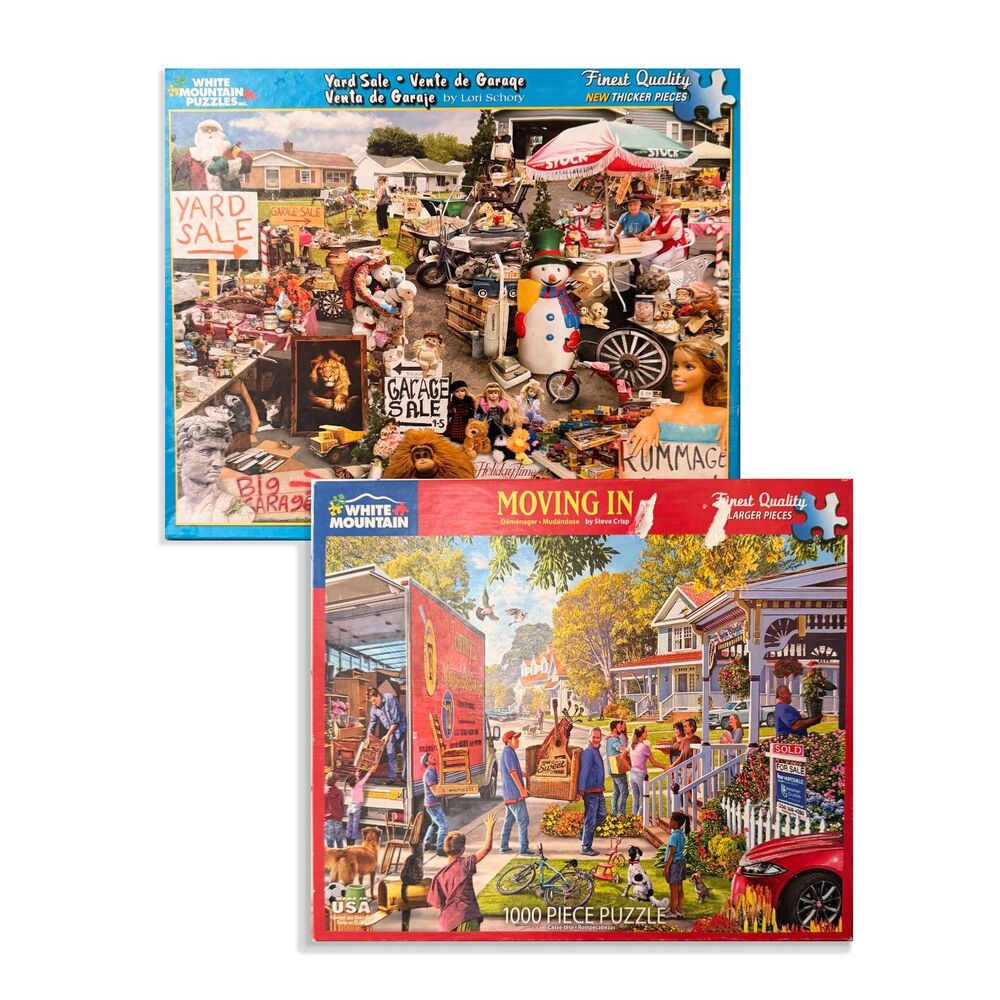 White Mountain Puzzle Lot 1000 Pc Jigsaw Puzzles Moving In & Yard Sale 24"x30"